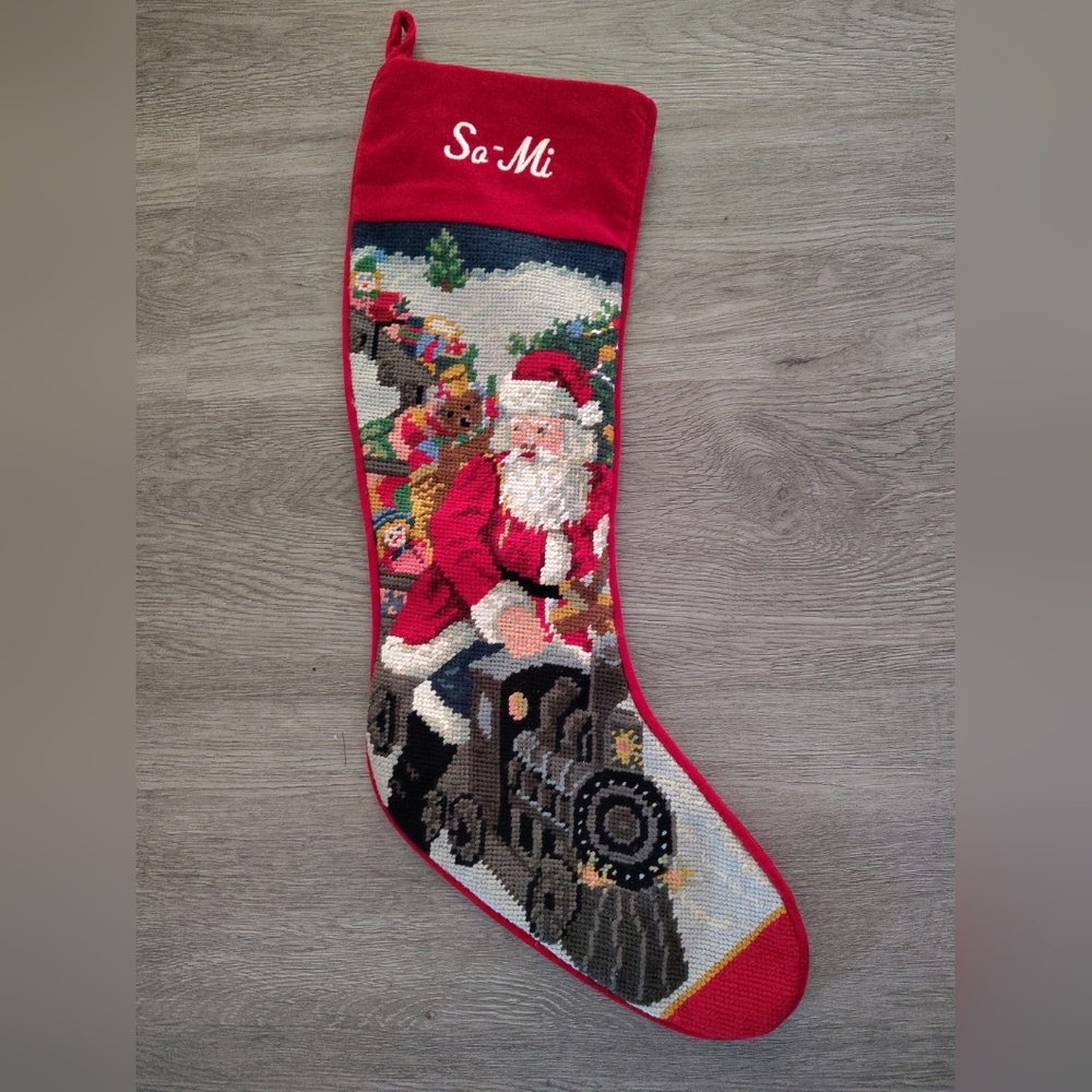 Festive Vintage Needlepoint Santa Christmas Stocking